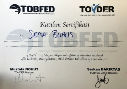 TOVDER KATILIM SERTİFİKASI